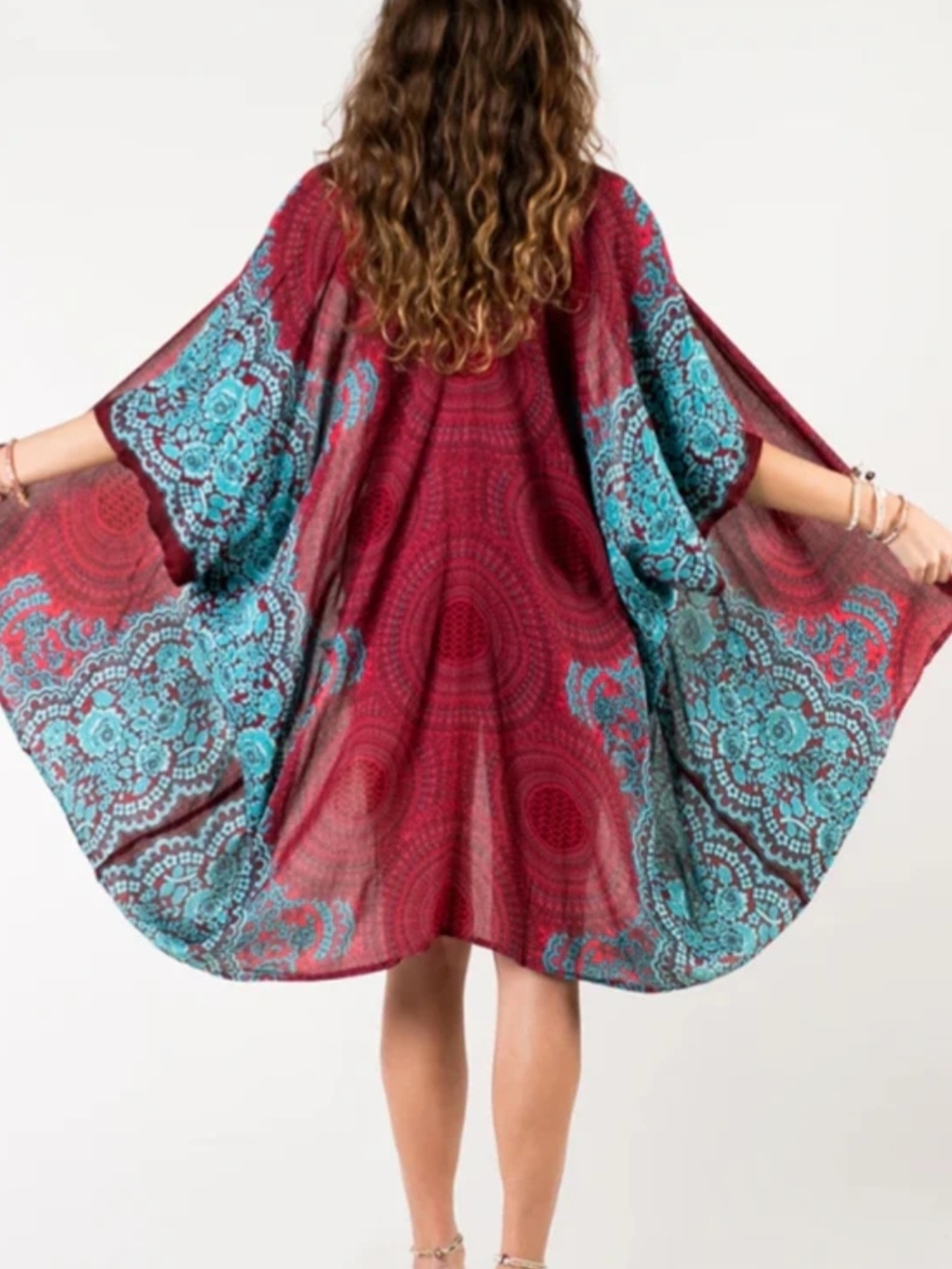 *LOTUS & LUNA* Boho Red and Teal Open-Front Kimono - Picture 3 of 7